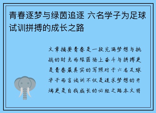 青春逐梦与绿茵追逐 六名学子为足球试训拼搏的成长之路
