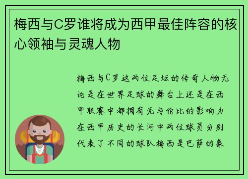 梅西与C罗谁将成为西甲最佳阵容的核心领袖与灵魂人物